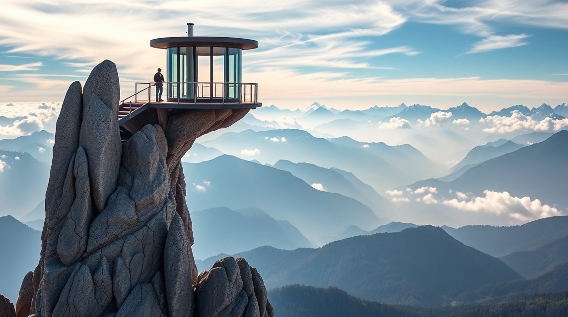 Kilátás az 5 ujj kilátóról a Dachstein felett, lenyűgöző panorámával.