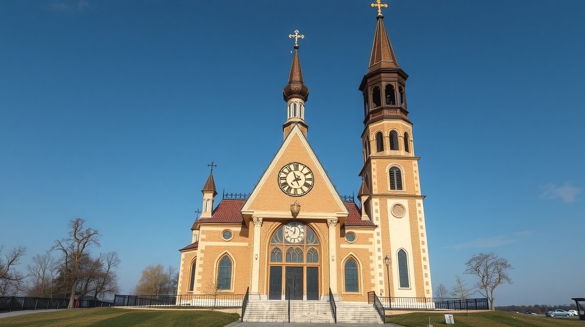 A Holdas templom Nagyváradon, monumentális tornya és kellékek.