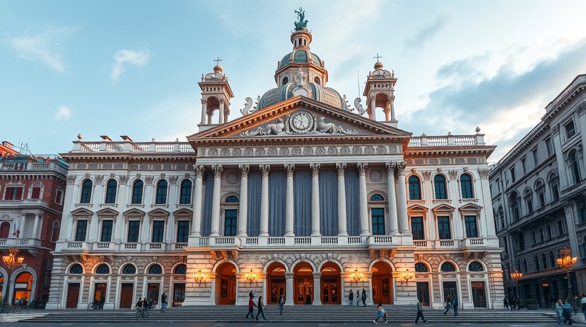 Velence látnivalók - A La Fenice Operaház pompája 1 A La Fenice Operaház gyönyörű homlokzata Velencében, Olaszországban.