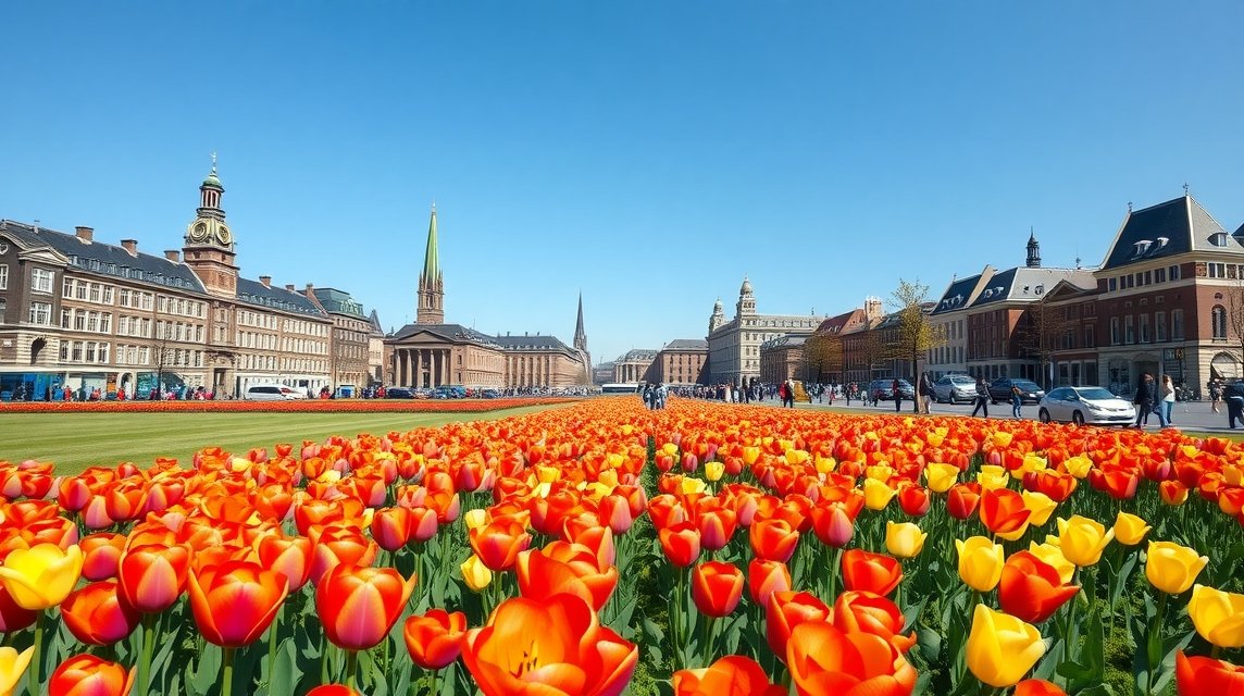 Színes tulipánok Amszterdamban a tiszta kék ég alatt.