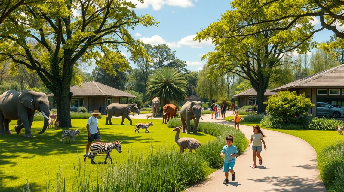 Gyerekek és felnőttek az állatparkban, különböző állatokkal.