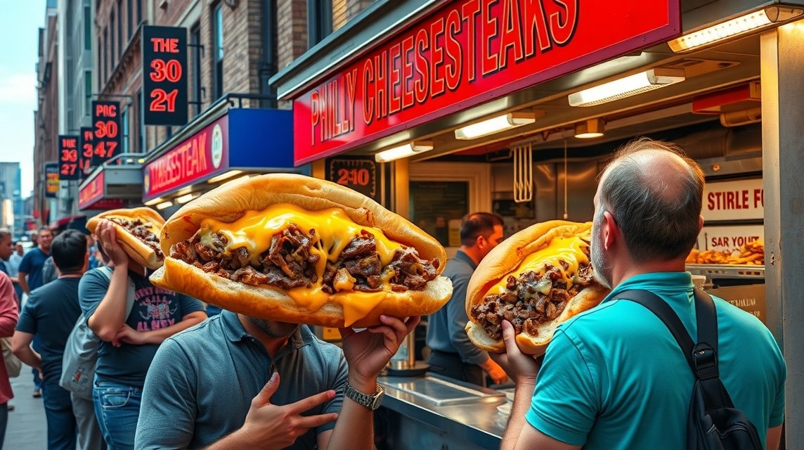 Két ember eszik Philly Cheesesteak szendvicset Philadelphia utcáin.