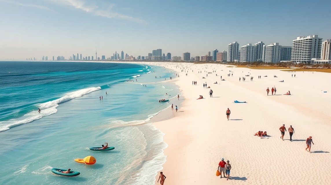 A gyönyörű strand panorámája Dubaiban, emberekkel és vízisportokkal.