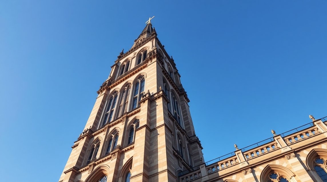 A Liverpooli Katedrális impozáns tornya kék ég alatt.