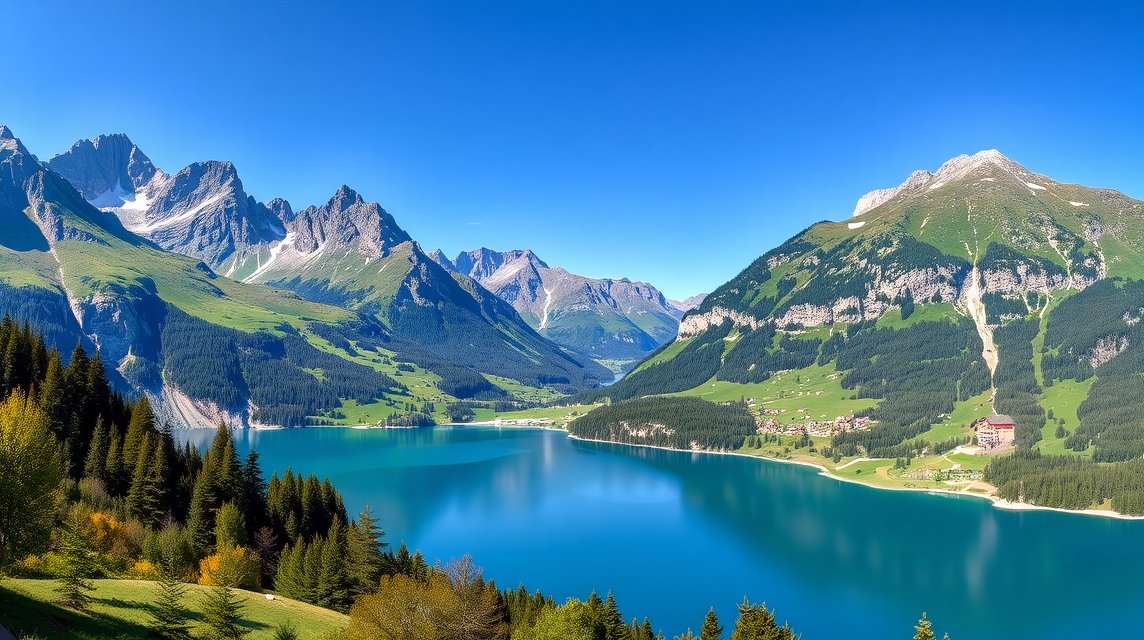 A Lünersee lenyűgöző alpesi tája a hegyekkel és a kristálytiszta tóval.