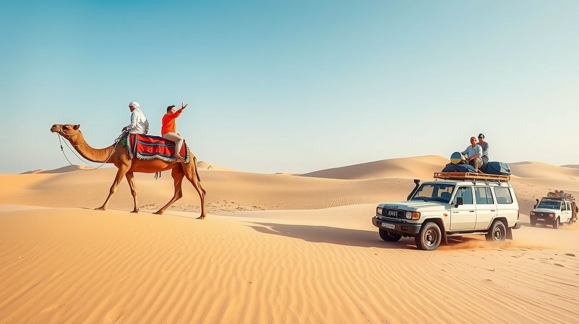 Sivatagi dűnék és tevegelés Abu Dhabiban