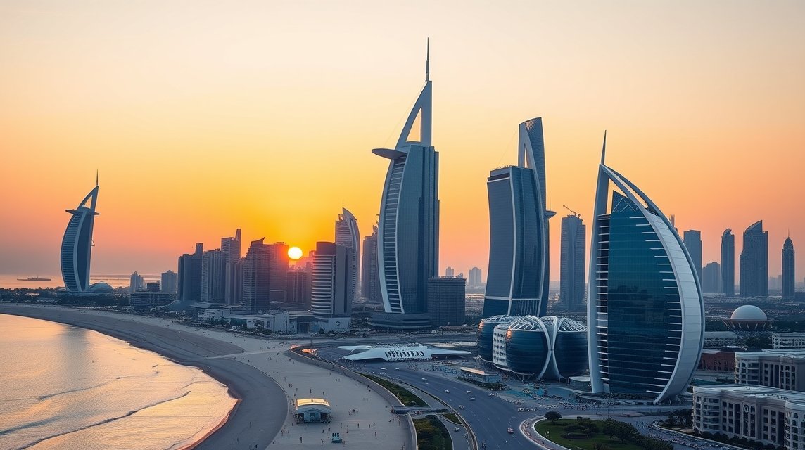 A gyönyörű Abu Dhabi városkép naplementében