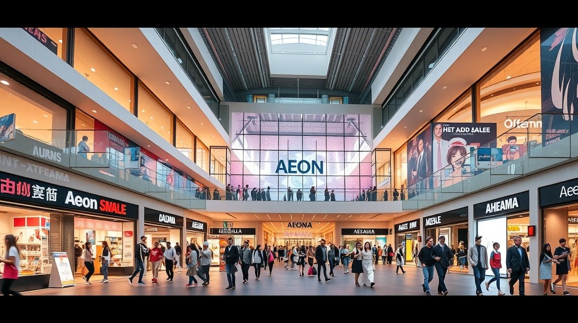 Aeon Mall Okayama belső terület, vásárlók a plázában.