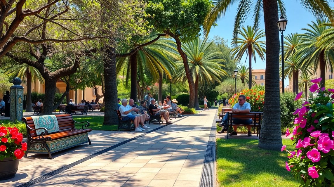 Pihenés az Alameda park csempézett padjain Marbella városában