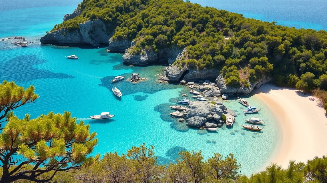 Kristálytiszta türkiz víz és fehér homokos öböl Albániában