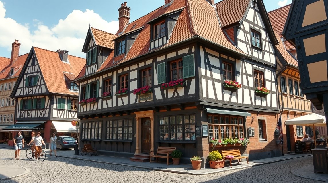 Nürnberg látnivalók - Albrecht Dürer háza 1 Albrecht Dürer háza Nürnbergben, gyönyörű favázas épület virágokkal.