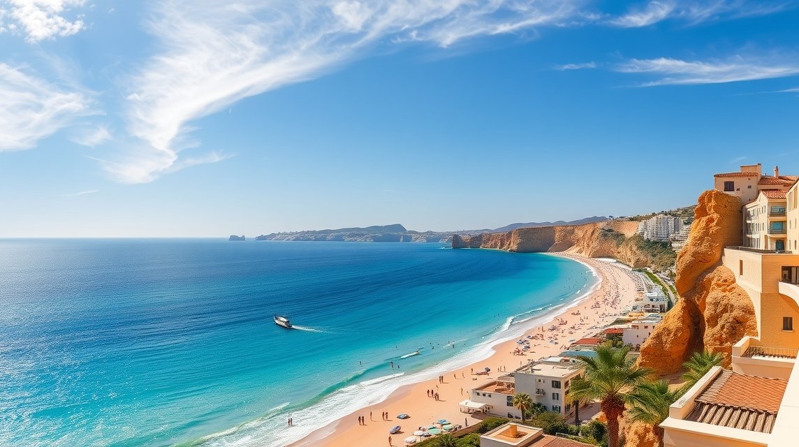 A kéken csillogó tenger és homokos part Alicante közelében