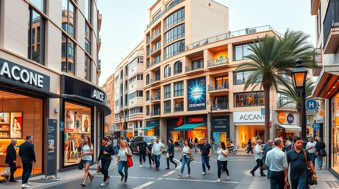 Alicante város vásárlóutcája a Maisonnave sugárúton, üzletekkel és látogatókkal.