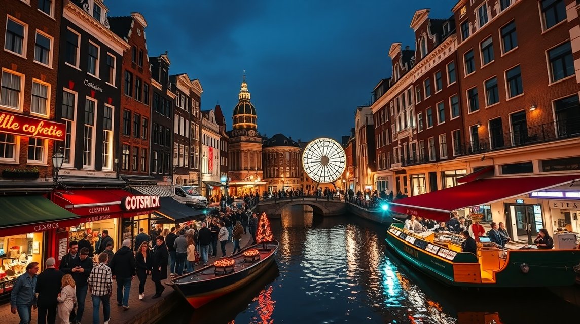 Amszterdam éjszakai látkép a Leidseplein közelében, hangulatos coffee shopokkal.