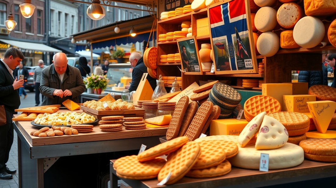 Holland sajtok és stroopwafel a piacon Amszterdamban