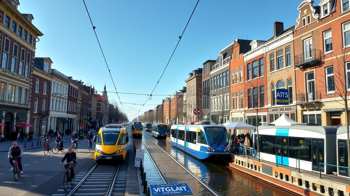 Amszterdami villamosok és biciklisek a város közlekedésében