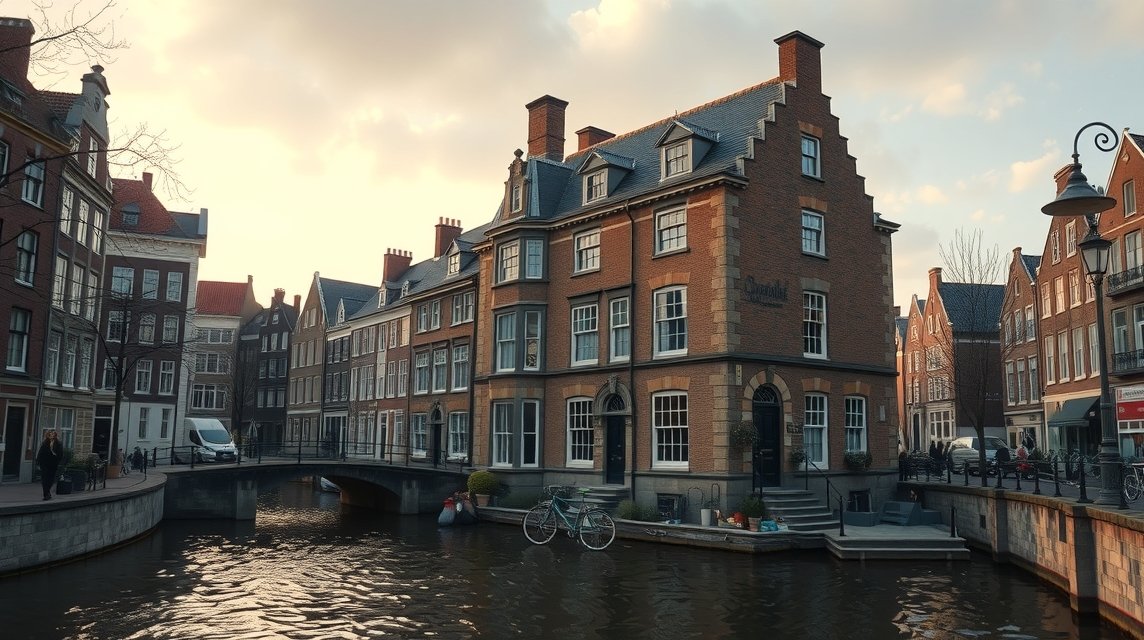 Amszterdami házak a csatorna partján naplementekor