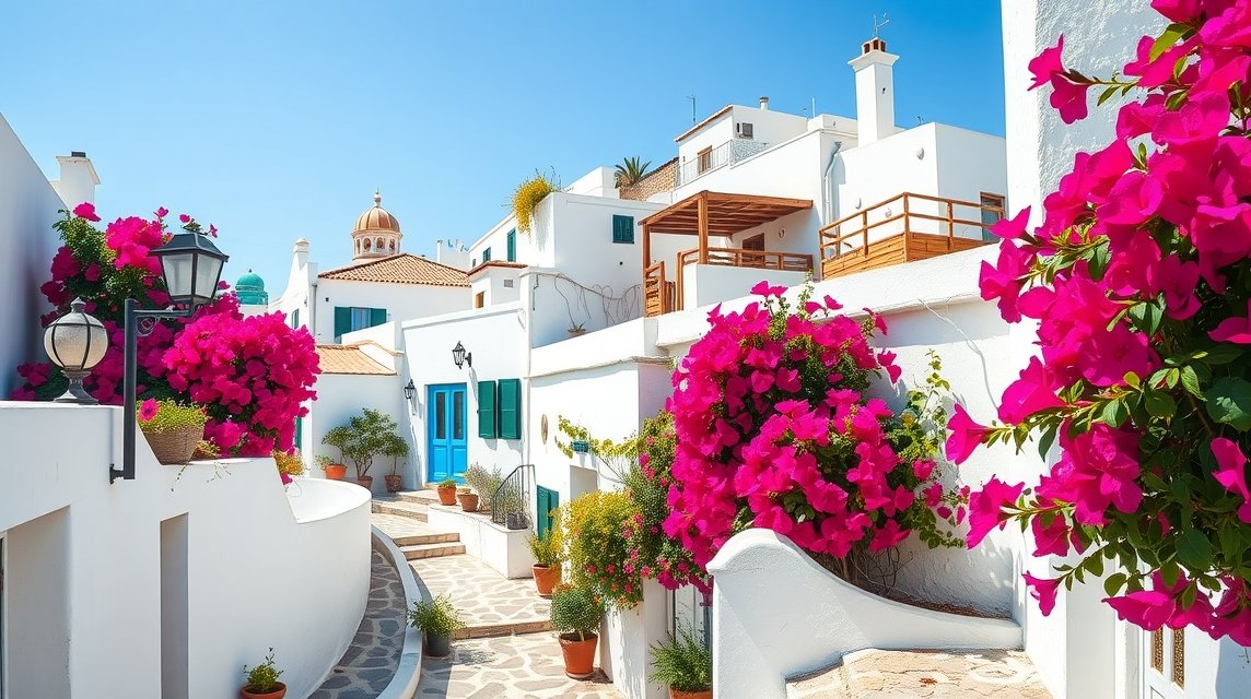 Anafiotika negyed szigeti hangulata virágokkal és fehér házakkal.