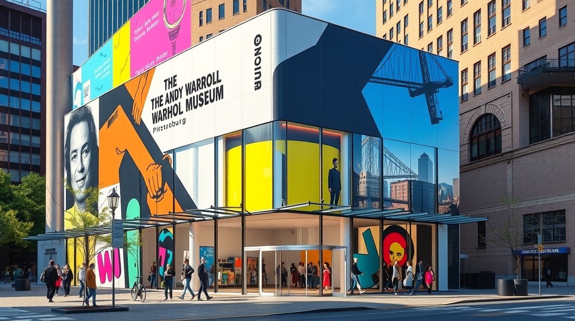 Az Andy Warhol Múzeum épülete Pittsburghben, élénk színű muralokkal.