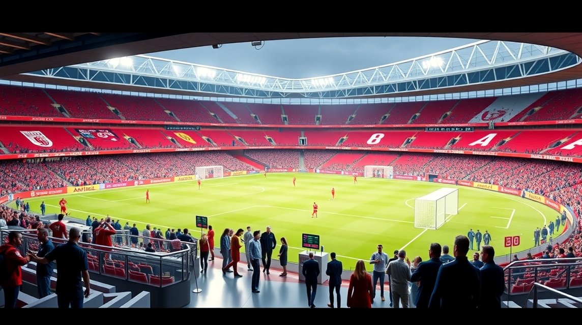 Anfield stadion panorámája, Liverpool foci stadionja, teltház