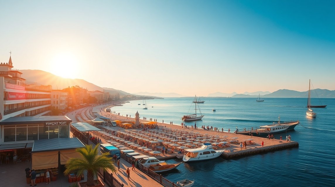 Gyönyörű látkép Antalya tengerpartjáról naplementekor