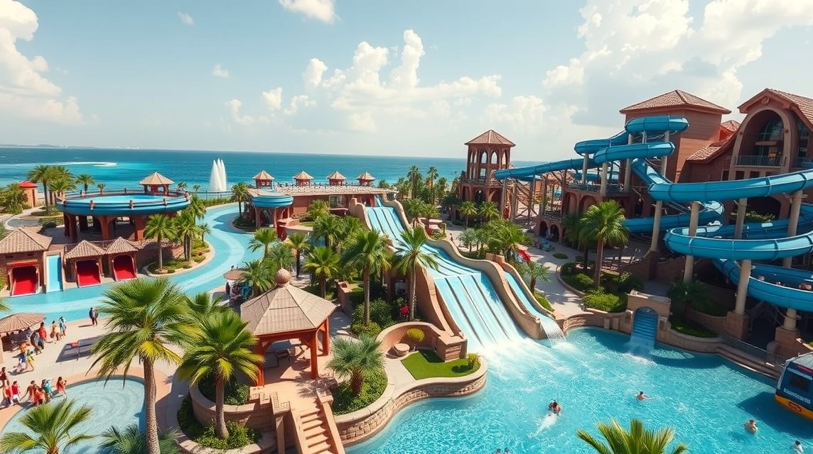 Aquaventure vízi vidámpark, lenyűgöző csúszdákkal és hullámmedencével.