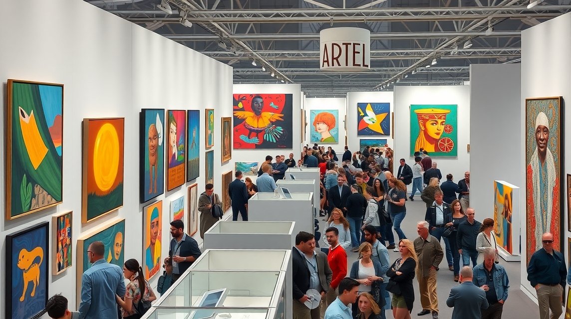 Art Basel kiállítás modern művészettel és látogatókkal.