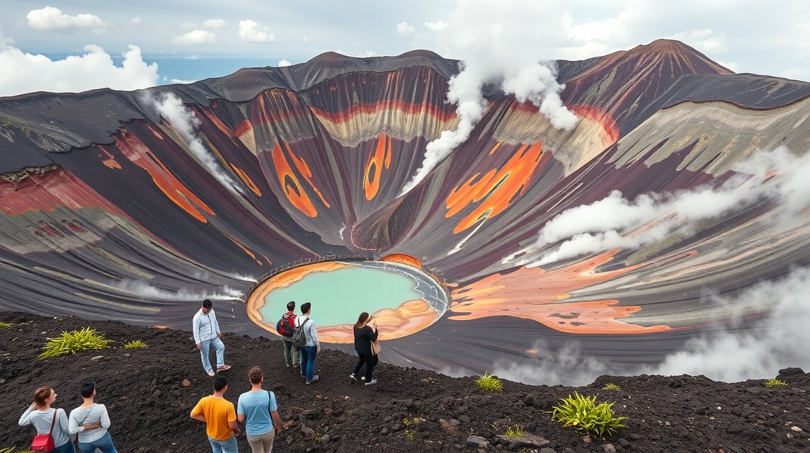 Kumamoto látnivalók - Kirándulás az Aso-hegy vulkánkráteréhez 1 Aso-hegyi vulkánkráter Kumamoto körpanorámájával és túrázókkal.