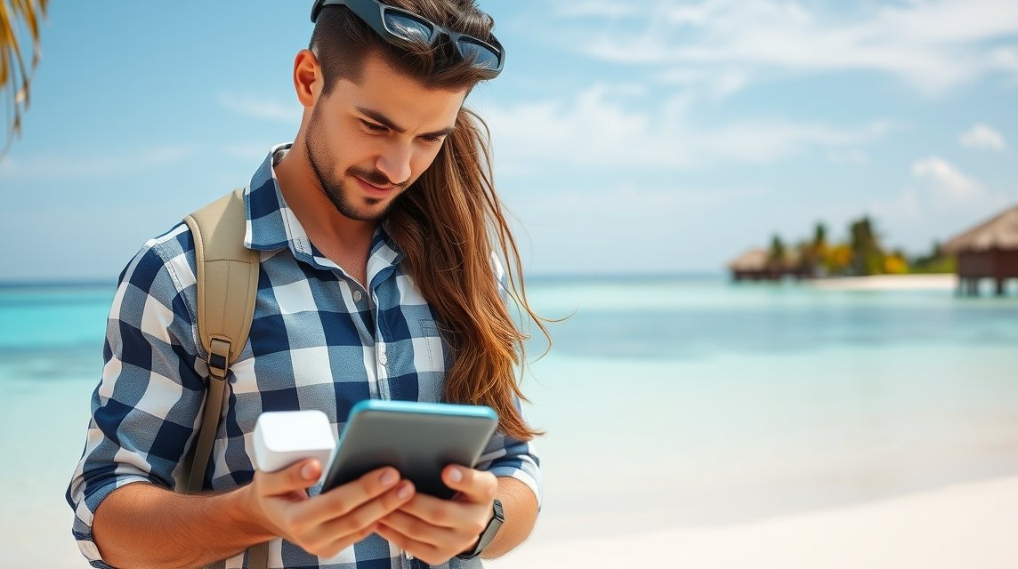 Fiatal férfi mobiltelefont használ a Maldív-szigetek tengerpartján