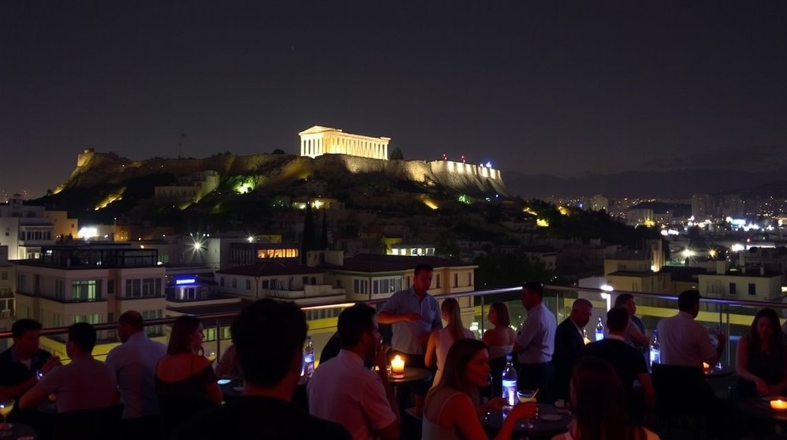Éjszakai panoráma Athénban az Akropolisz mellett, tetőteraszon ülő vendégekkel.