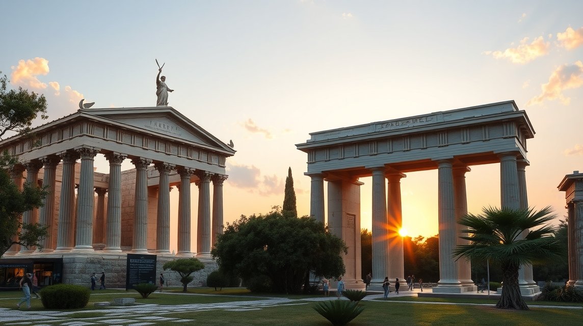 Zeusz temploma és Hadrianusz-kapu Athénban naplementében.