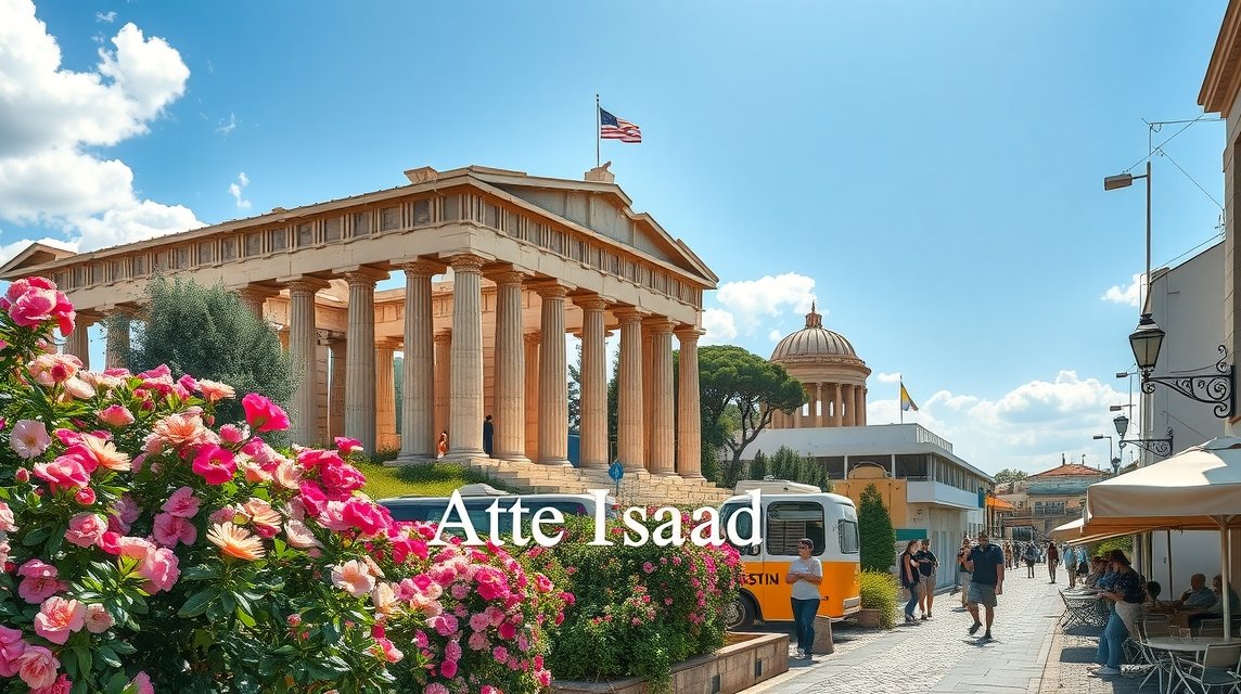 Athén városkép, virágzó növényzet és ókori építmények.