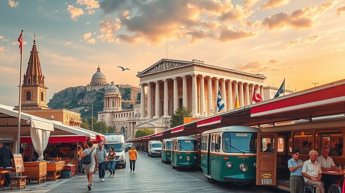 Athén városkép, helyi piac és templomok