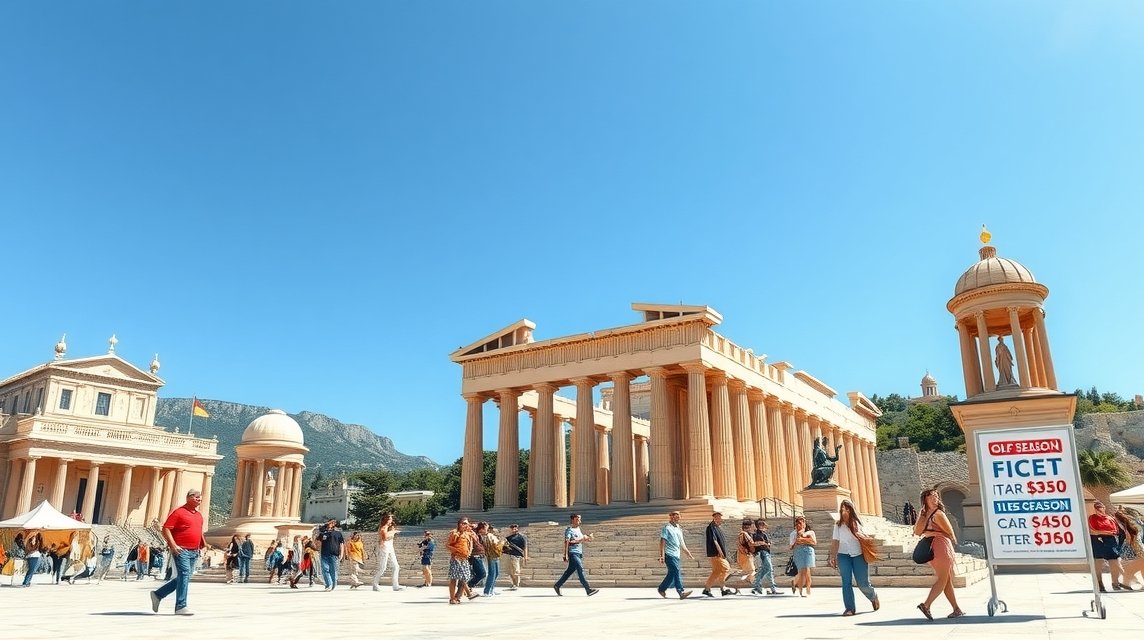 Athén városnézés szezonon kívül, turisták a híres múzeumnál és régészeti helyszínen.