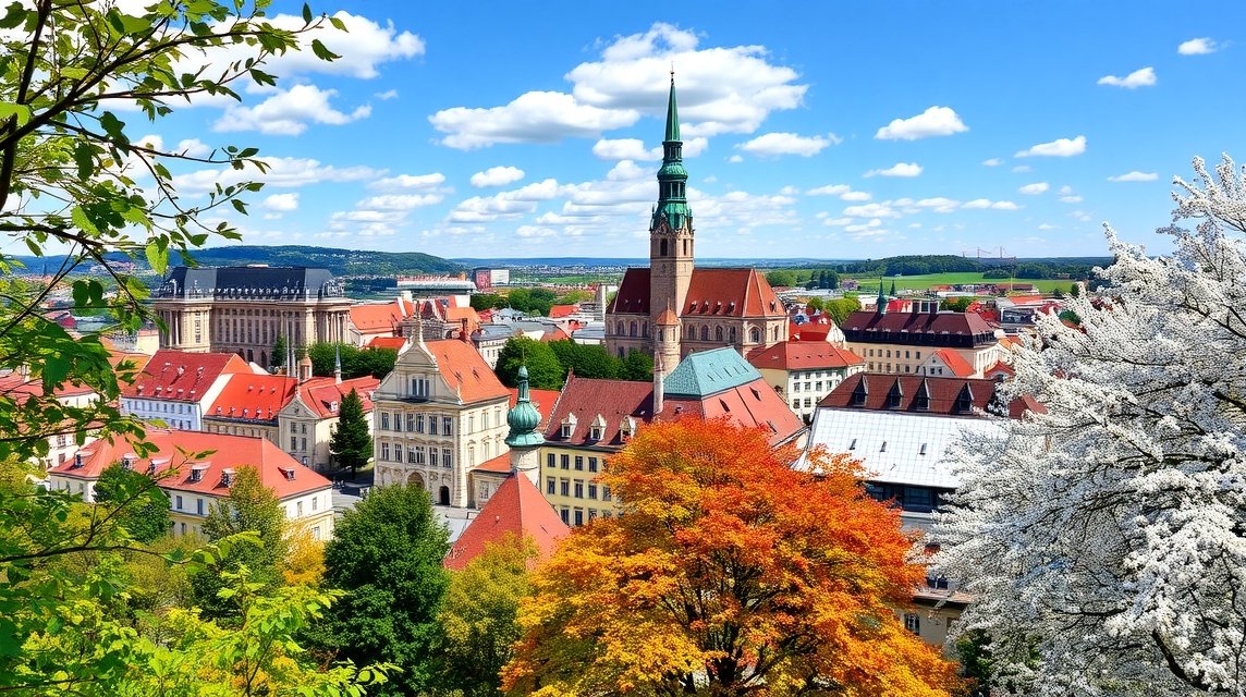 Augsburg városának panorámaképe tavaszi színekben.