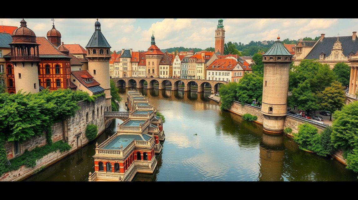 Augsburg UNESCO-világörökségi vízgazdálkodási rendszer látképe.