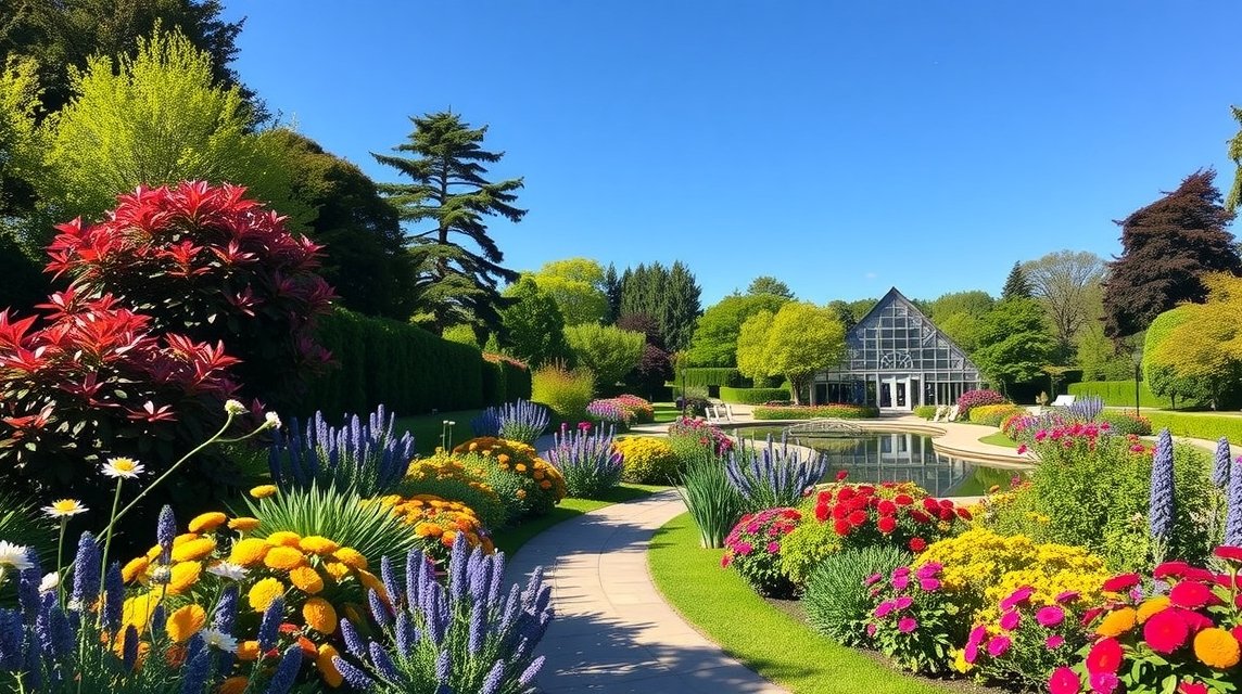 Színes virágágyások az Augsburgi Botanikus Kertben, üvegház háttérrel.