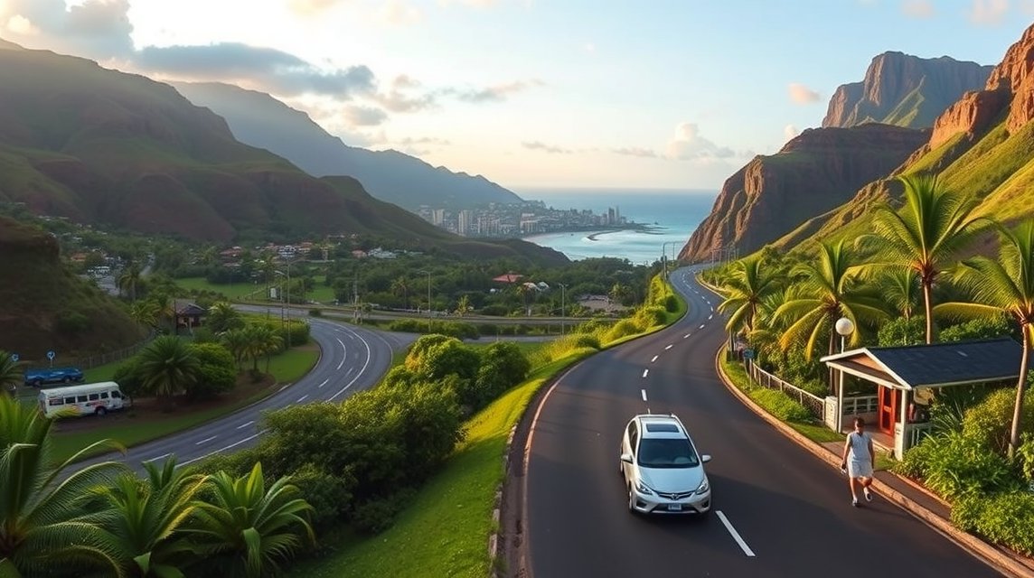 Autó a hawaii úton pálmafák között