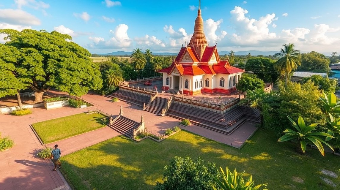 Ayutthaya templom, trópusi környezetben, napsütéses időben.