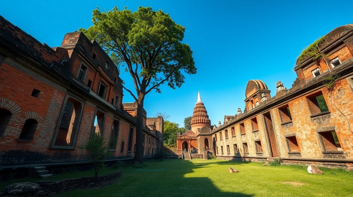 Ayutthaya portugál település romjai, vöröstéglás kápolnával és zöld fákkal.