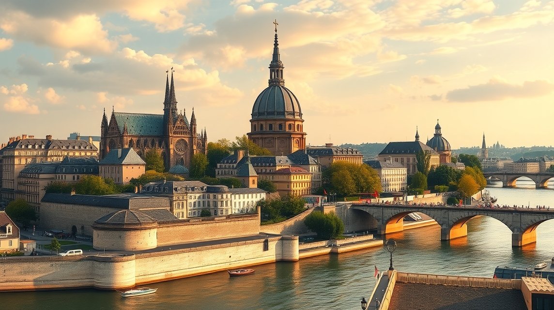 Az Île de la Cité lenyűgöző panorámája Párizsban, a Seine folyó partján.