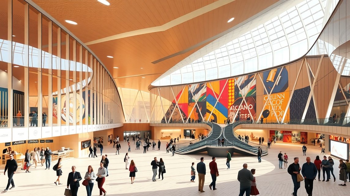 Azkuna Zentroa modern belsőtere, rajongók és látogatók a kulturális központban.