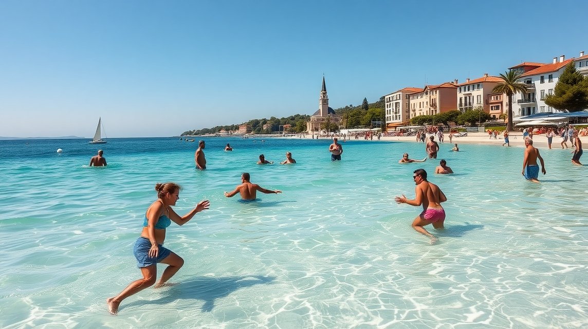 Emberek játszanak a vízben a Bačvice strandon Splitben, Horvátországban.