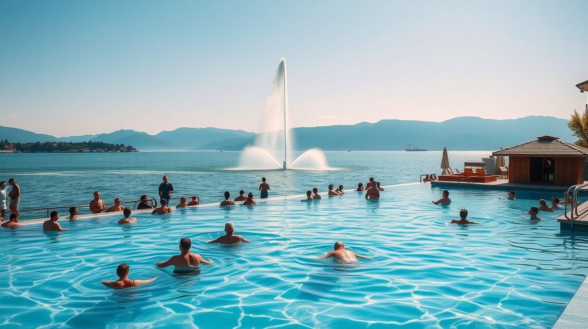 Genf látnivalók - Bains des Pâquis: Fürdő és szauna a tóban 1 Bains des Pâquis fürdő a Genfi-tó partján, naplementés panorámával.