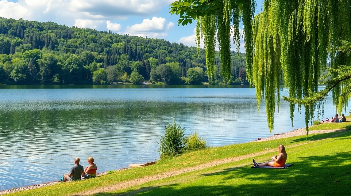 Kikapcsolódás a Baldeneysee partján, zöld fák és vízpart.