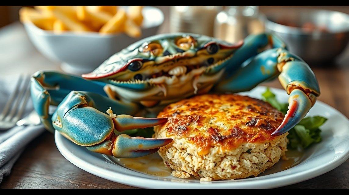 Friss Chesapeake kék rák és ízletes crabcake Baltimore-i stílusban