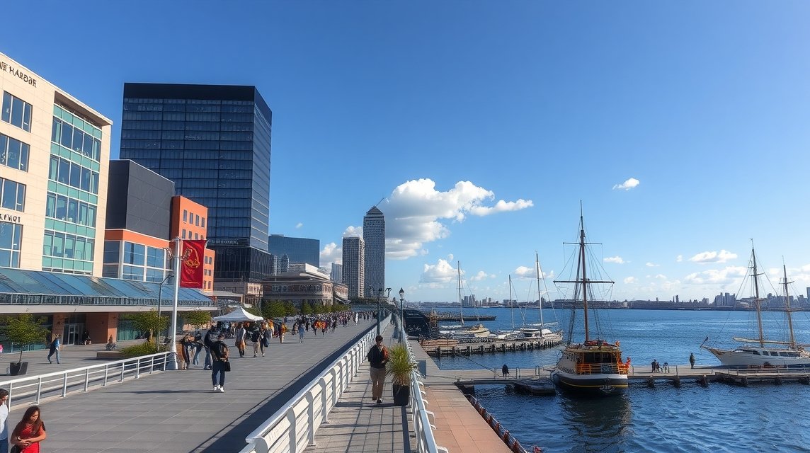 Baltimore Inner Harbor kikötői sétánya éttermekkel és hajókkal.