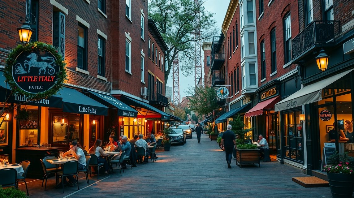 Little Italy negyed Baltimore városában, hangulatos éttermekkel.