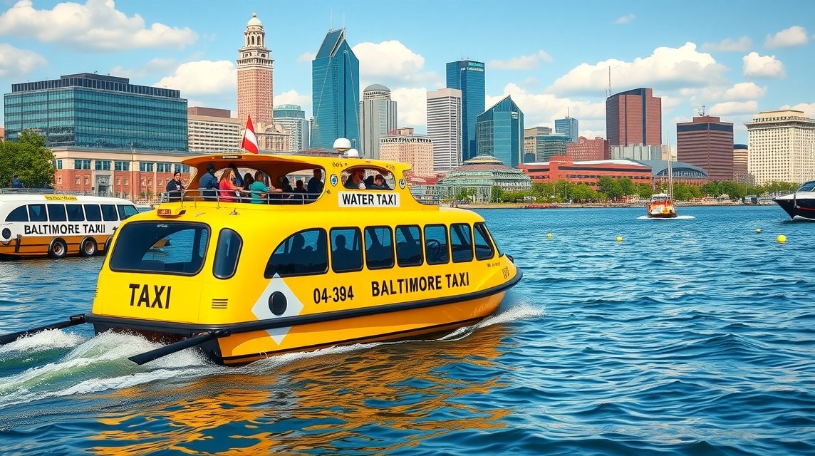 Baltimore vízi taxi a város modern Skyline-jával