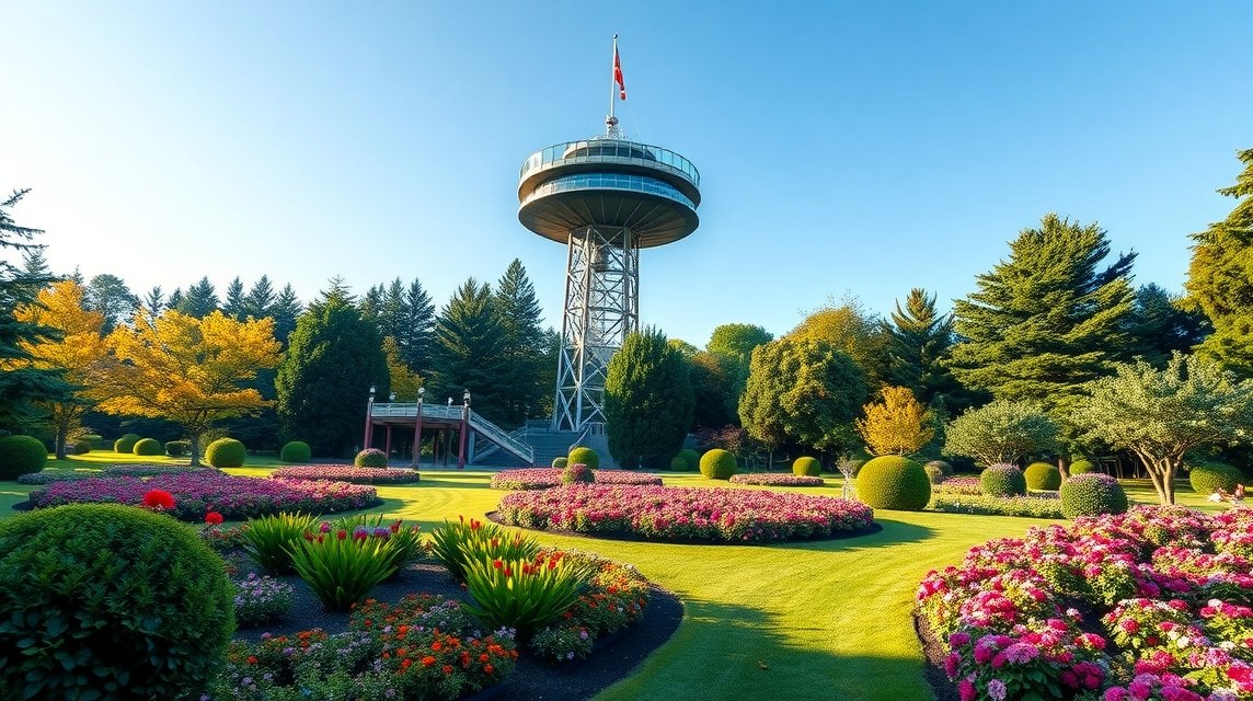Killesberg Park kilátótorony Stuttgartban virágos kertekkel